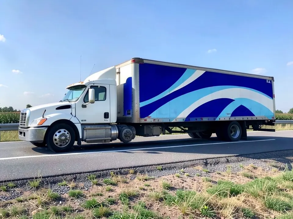 AI-drawn sample: the same rig with royal blue and light blue curved bands on the trailer side