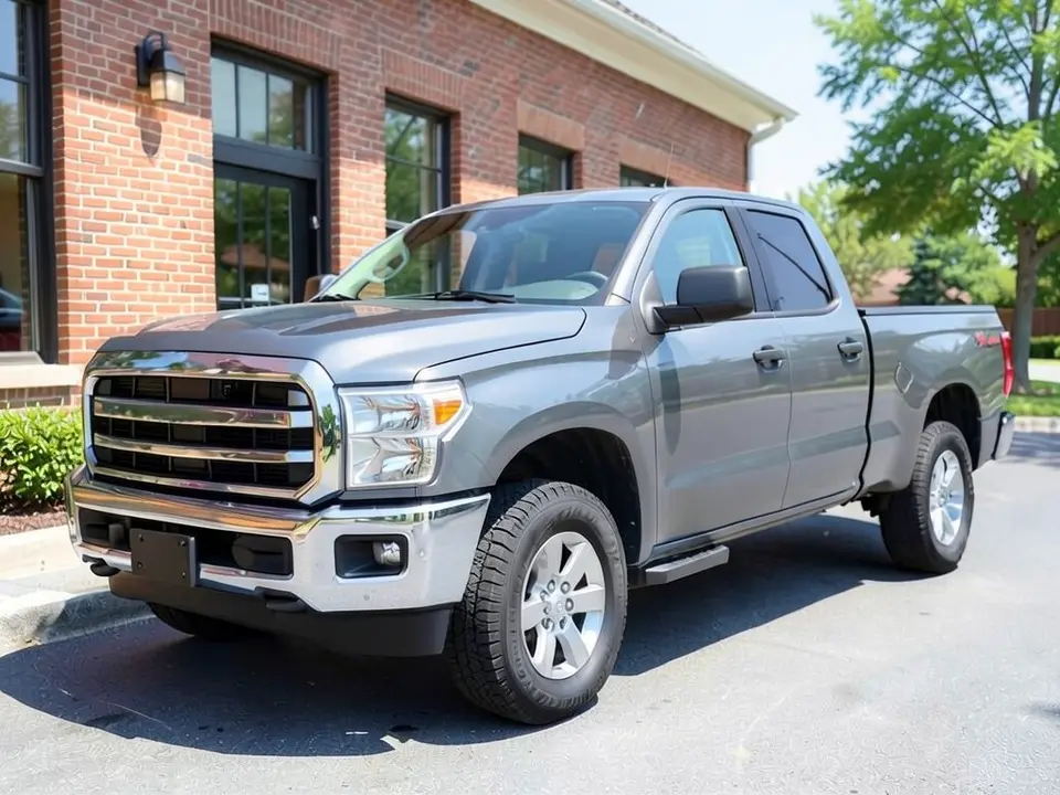 AI-drawn sample: a gray generic full-size pickup stand-in, crew cab, with a chrome grille surround and chrome bumper parked beside a brick building