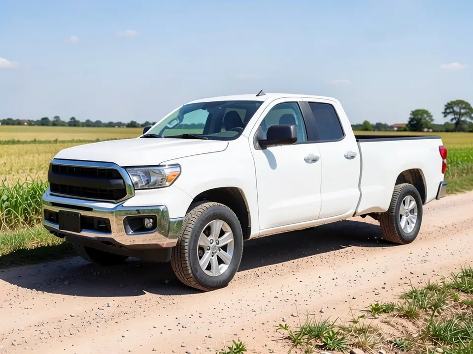 AI-drawn sample: a white generic full-size pickup stand-in, extended cab with a long bed, on silver wheels parked on a dirt road beside fields