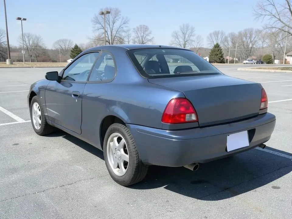 AI-drawn sample: the rear three-quarter of a dark blue-gray two-door coupe with red tail lights in an empty parking lot
