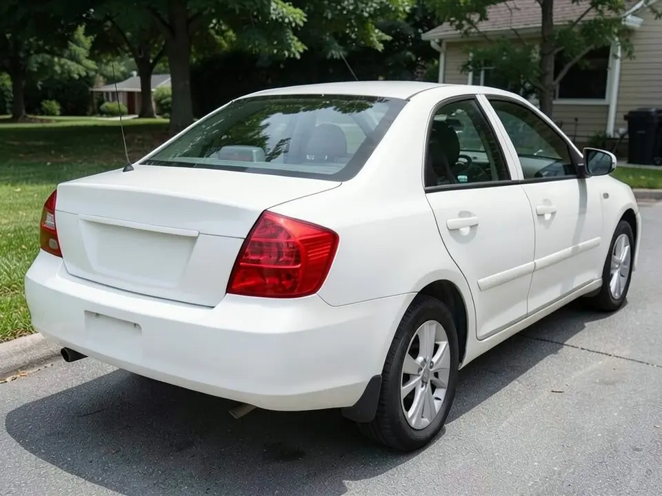 AI-drawn sample: the rear three-quarter of a white four-door sedan with red tail lights parked at a curb