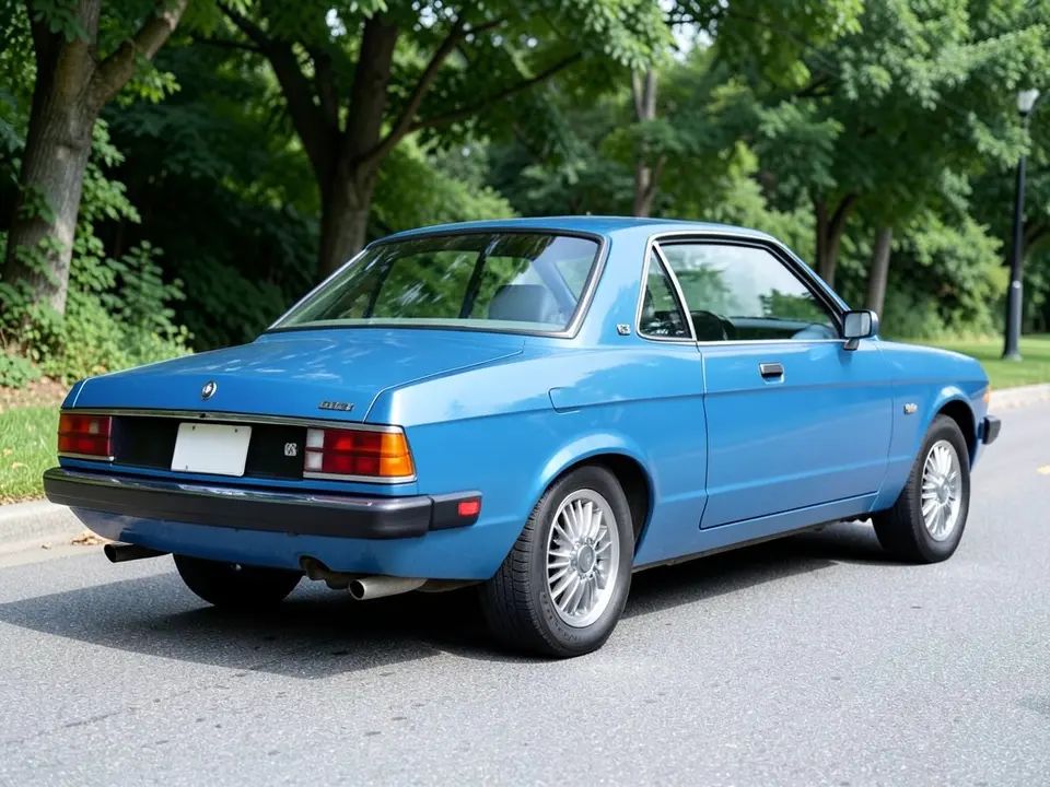 AI-drawn sample: a blue two-door coupe seen from the rear corner, parked on a tree-lined street