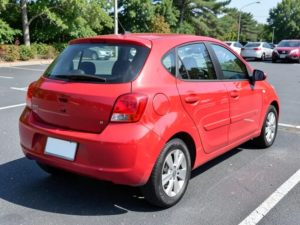 AI-drawn sample: a red hatchback seen from the rear corner, parked in a parking lot with other cars behind