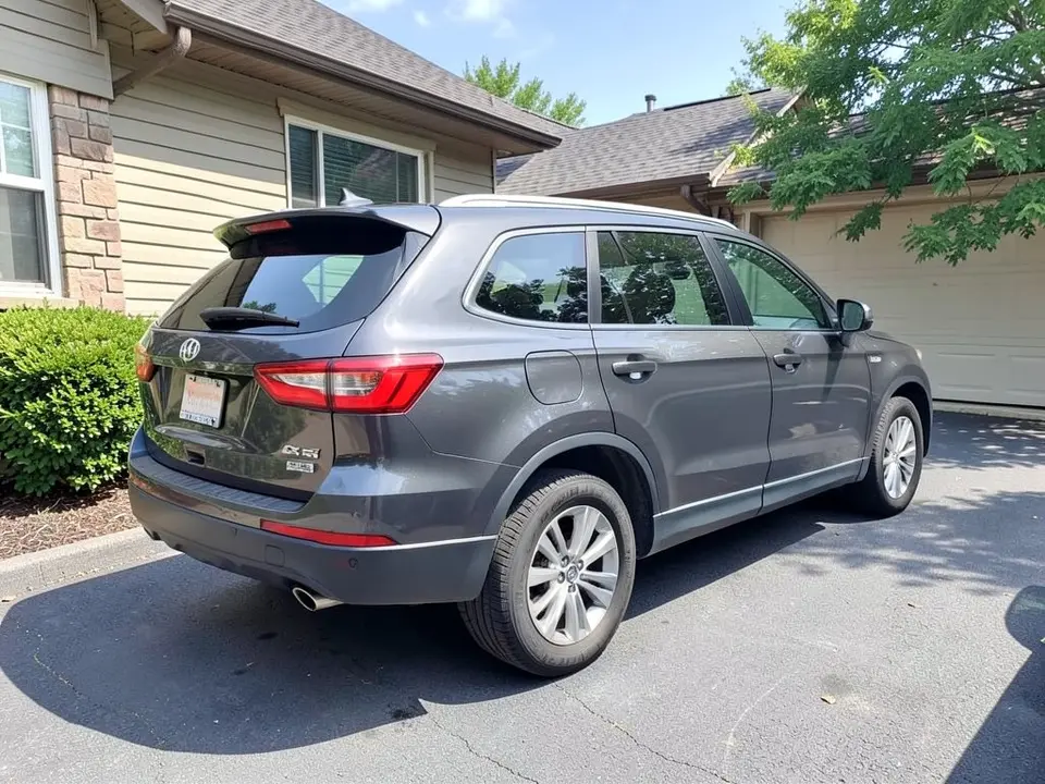 AI-drawn sample: a dark gray SUV seen from the rear left corner, parked in a driveway beside a house