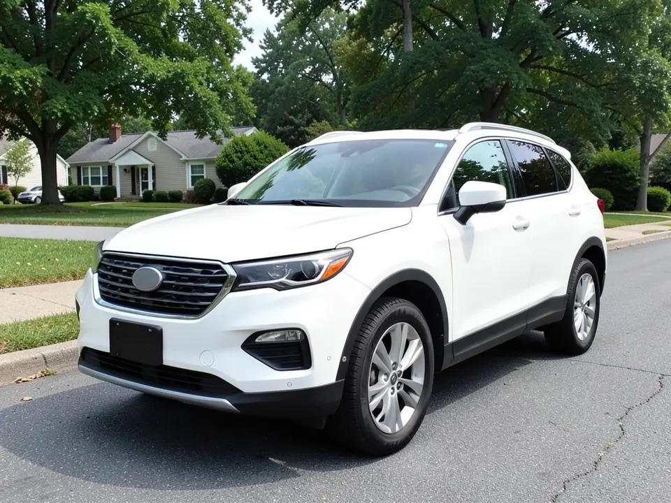 AI-drawn sample: a white crossover SUV seen from the front left corner, parked on a suburban street with houses and trees behind
