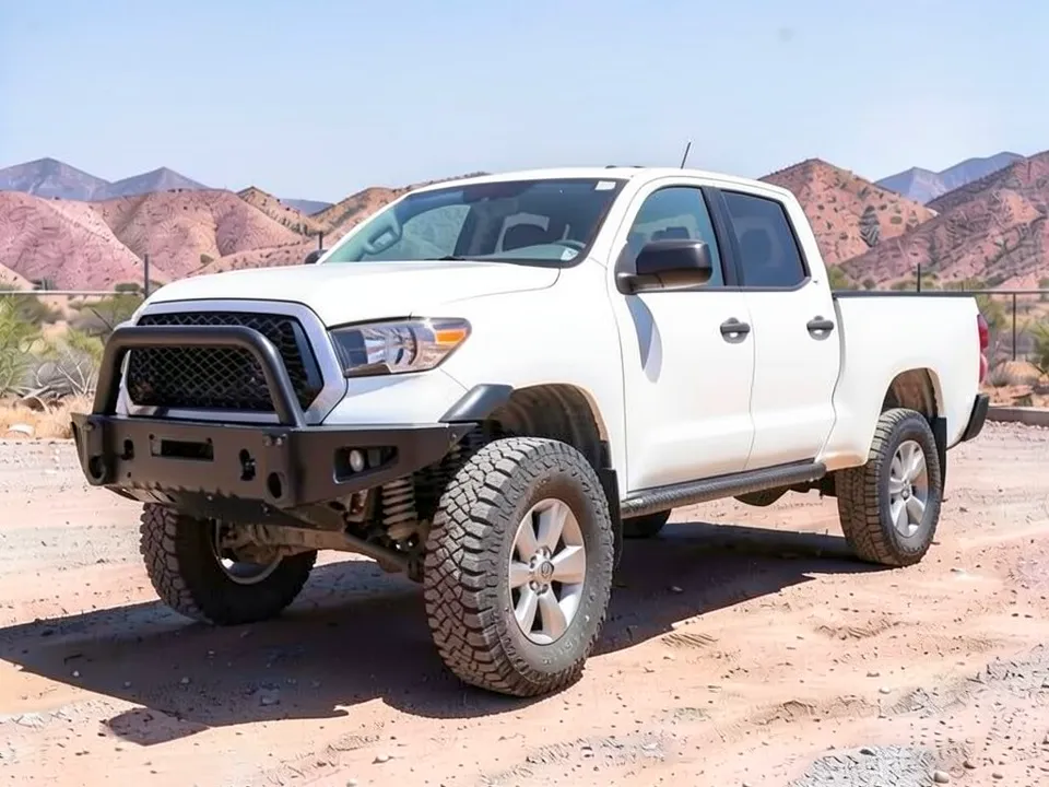 AI-drawn sample: the same pickup sitting higher on taller tires with a black steel front bumper, a hoop bar over the grille and a black bar under the doors