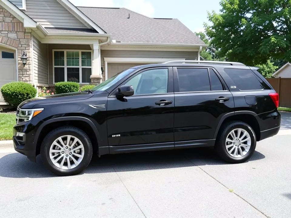AI-drawn sample: a black generic full-size SUV stand-in, side-on, on silver wheels parked in a driveway in front of a house