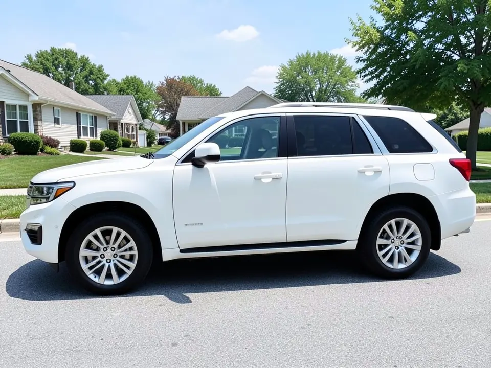 AI-drawn sample: a white generic full-size SUV stand-in, side-on, on silver wheels parked on a suburban street with houses behind