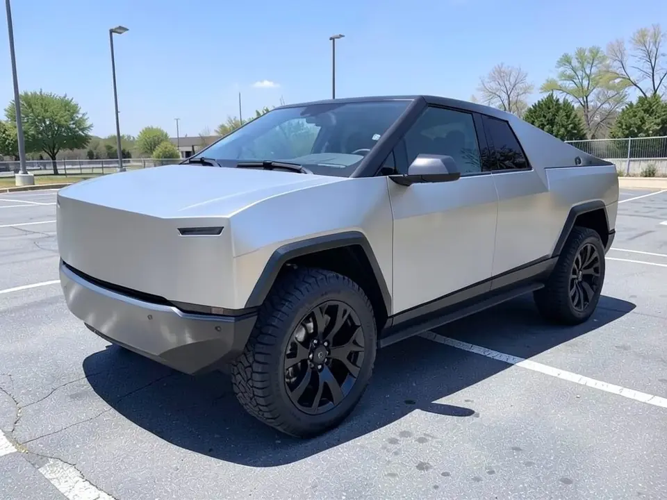 AI-generated sample: a stainless steel Cybertruck-style electric pickup with black wheel-arch flares in a parking lot