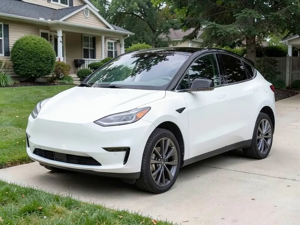 AI-generated sample: a white Model Y-style electric crossover with a black glass roof parked in a driveway in front of a house