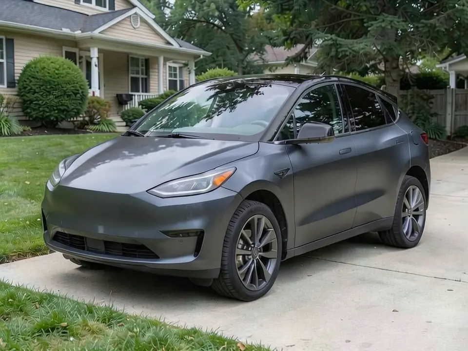 AI-generated sample: a white electric crossover in a satin grey wrap