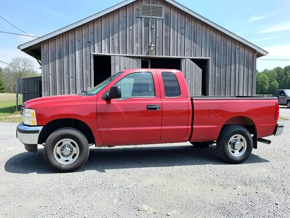 AI-drawn sample: a plain red extended-cab pickup truck parked in front of a barn, seen from the side