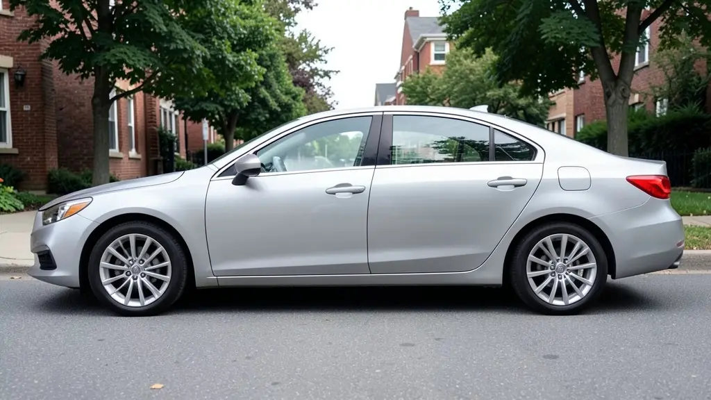 AI-generated sample: silver sedan with stock silver wheels, side profile
