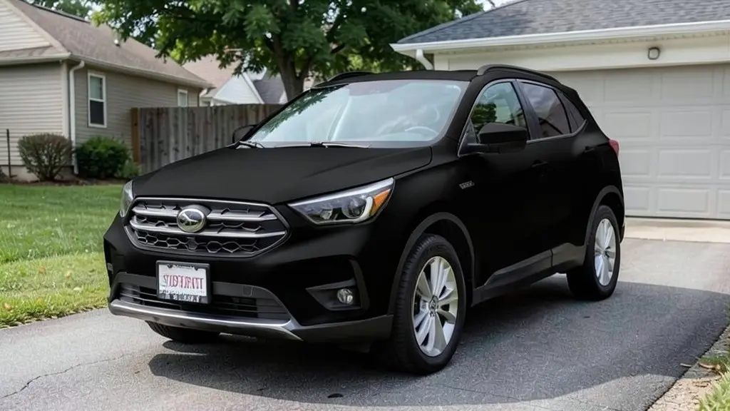 AI-generated sample: the same SUV shown in a matte black vinyl wrap