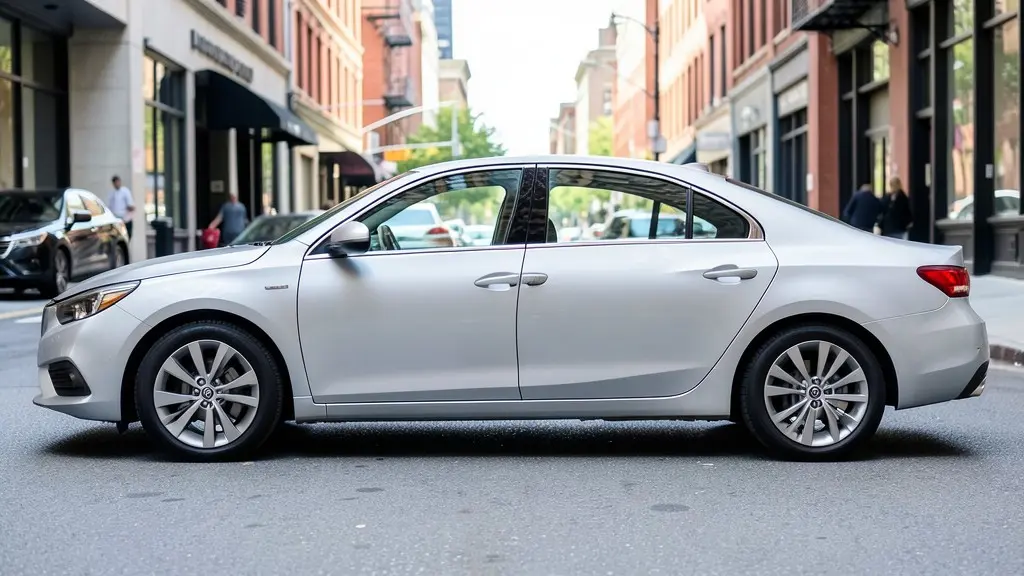 AI-generated sample: silver sedan parked on a city street, side view
