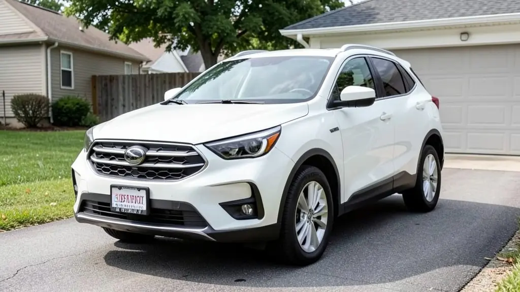 AI-generated sample: white compact SUV parked in a driveway, three-quarter front view