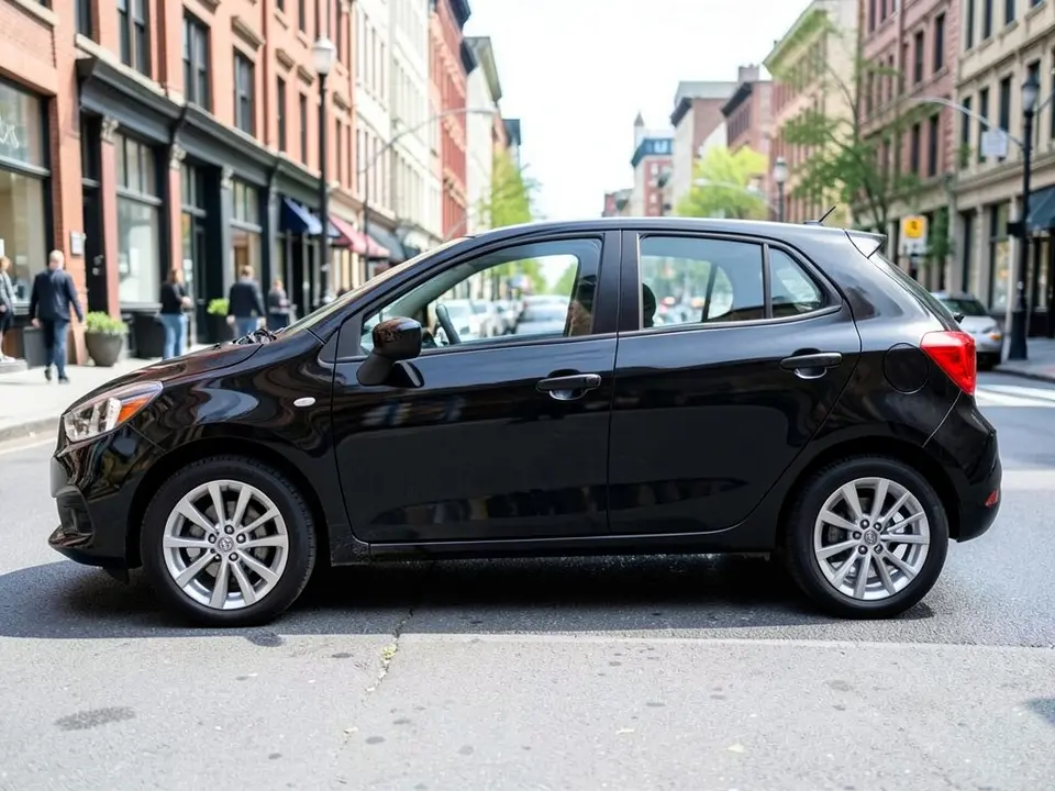AI-drawn sample: a black generic hatchback on silver multi-spoke wheels parked on a city street with shop fronts behind